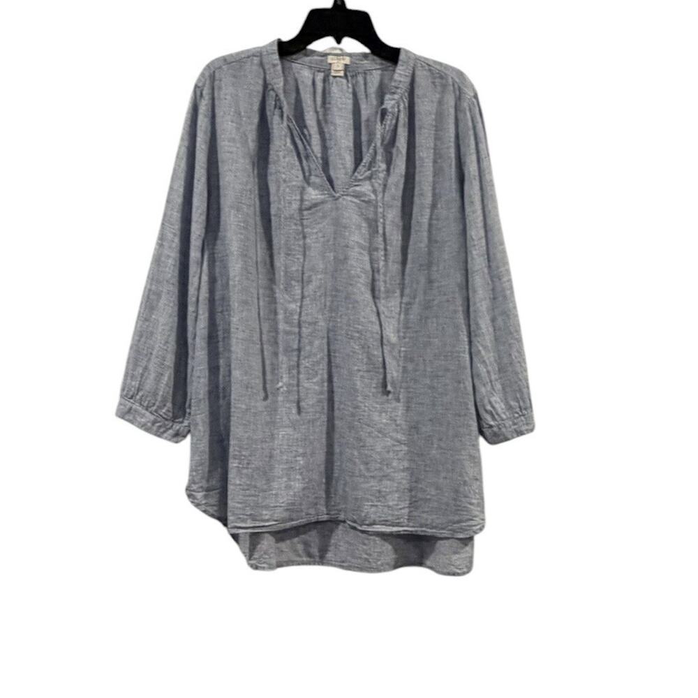 J.Crew Tunic Top XL Oversized Linen Blend Cover Up Blue Tie Neck Coastal Beach